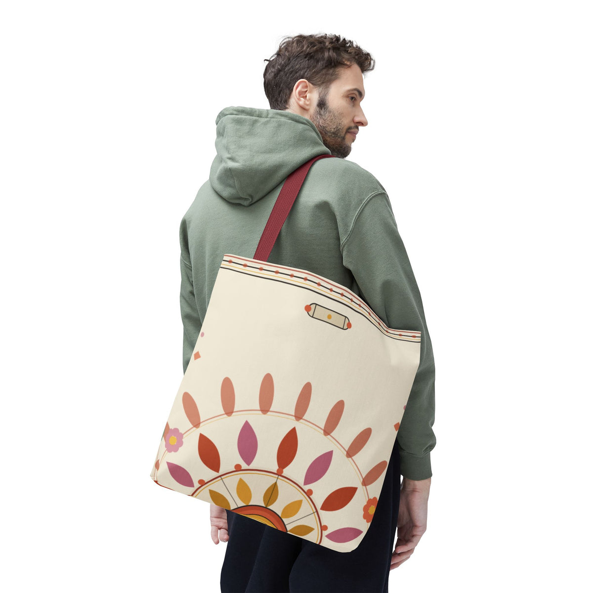 Boho floral mandala tote bag with pastel sunburst pattern, featuring vibrant floral and geometric designs on durable fabric.