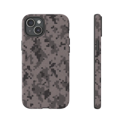 Gray digital camouflage phone case by Printify, durable protective cover for smartphones with tough, stylish camo design.