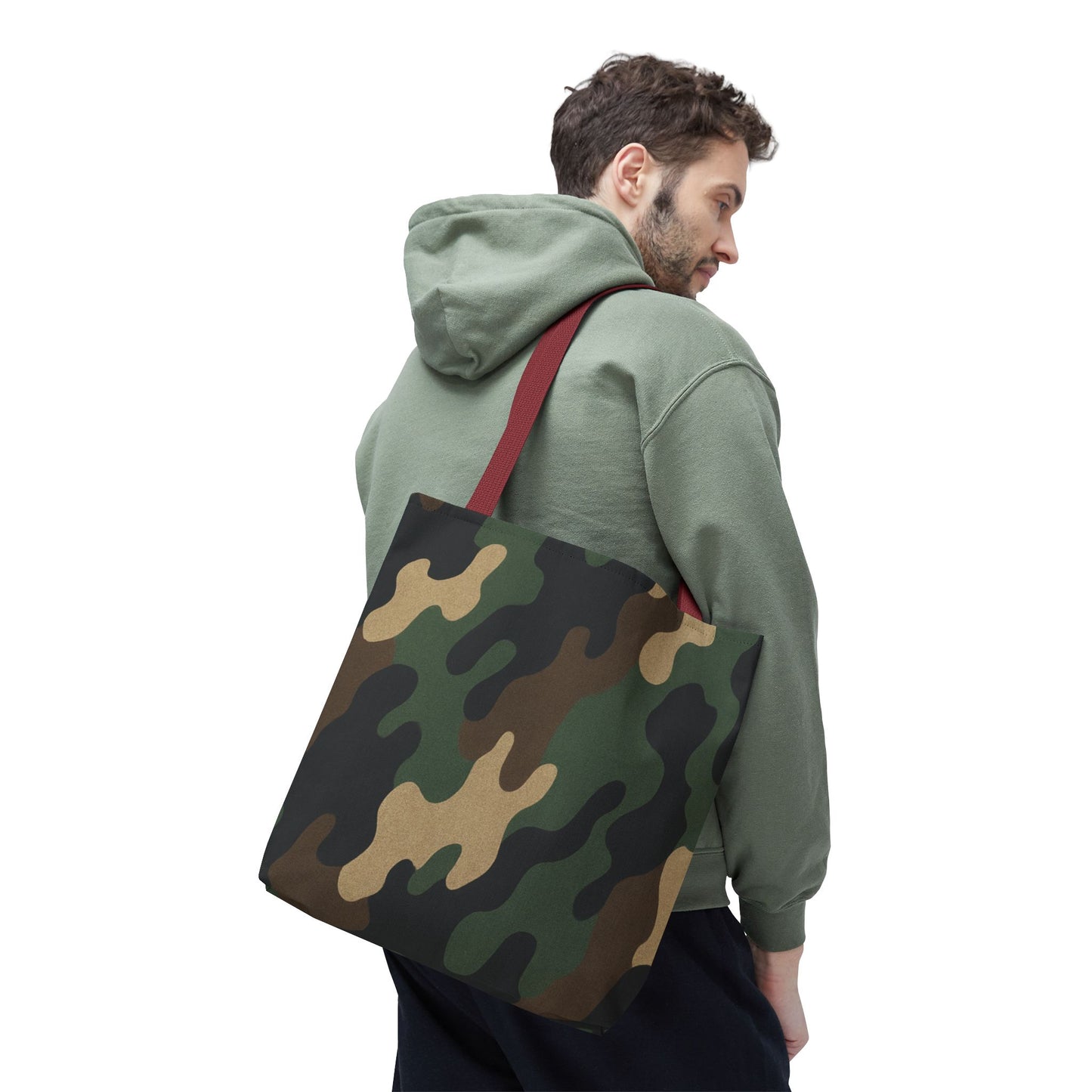 Camo pattern tote bag from Printify featuring all-over camouflage print on durable canvas, perfect for carrying daily essentials.