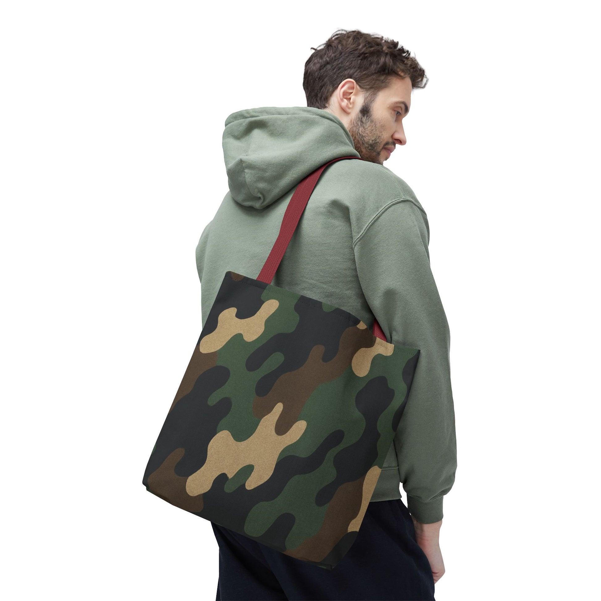 Camo pattern tote bag from Printify featuring all-over camouflage print on durable canvas, perfect for carrying daily essentials.