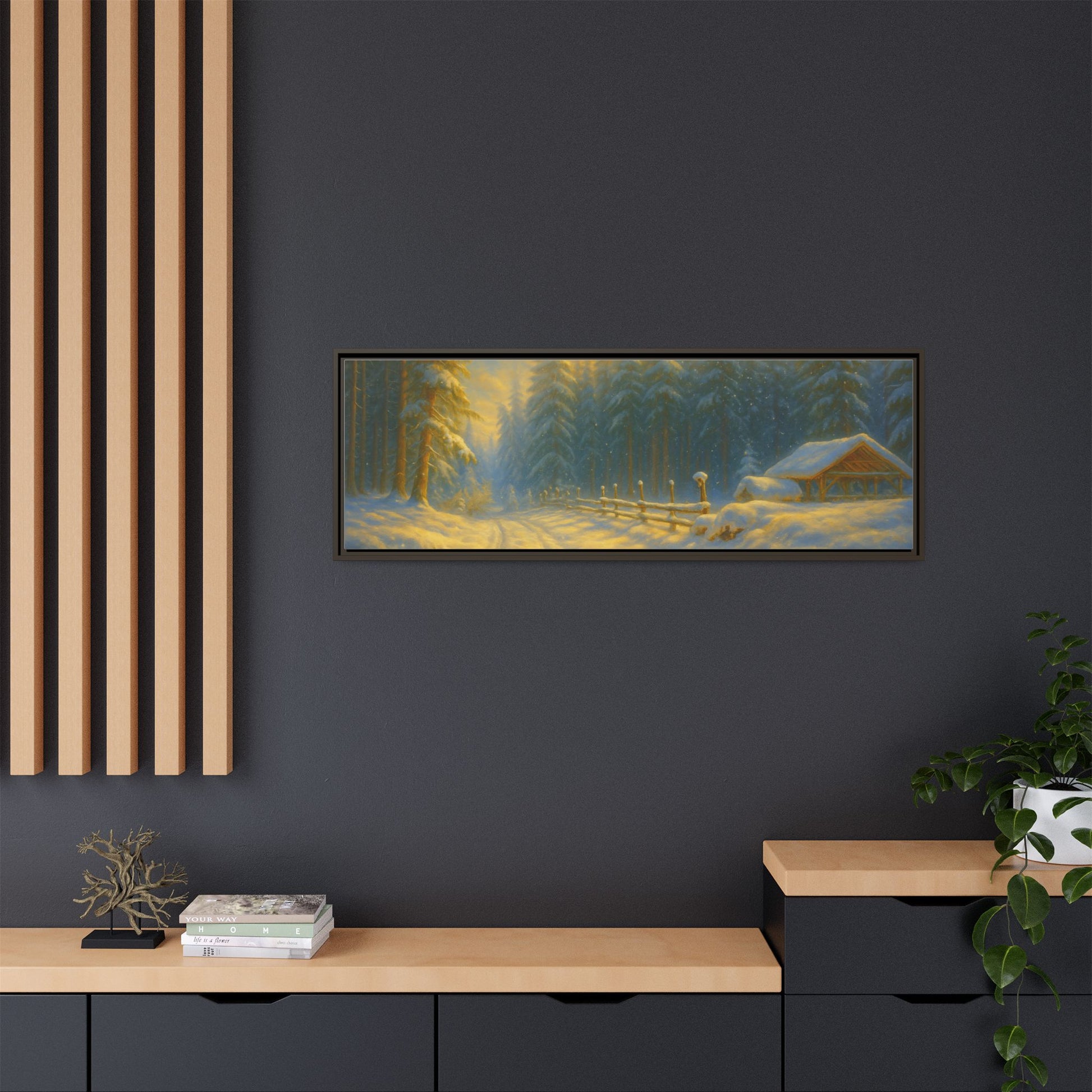 Framed winter cabin canvas print featuring a snowy forest sunset, wall art by Printify with a cozy winter scene.