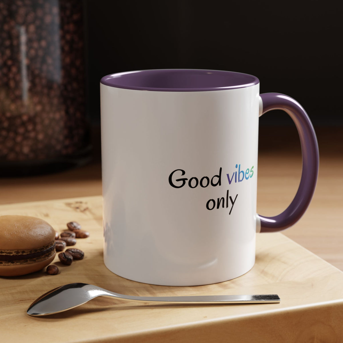 Printify Good Vibes Only ceramic coffee mug with positive morning quote, ideal for inspirational tea or coffee drinking.