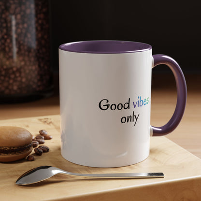 Printify Good Vibes Only ceramic coffee mug with positive morning quote, ideal for inspirational tea or coffee drinking.