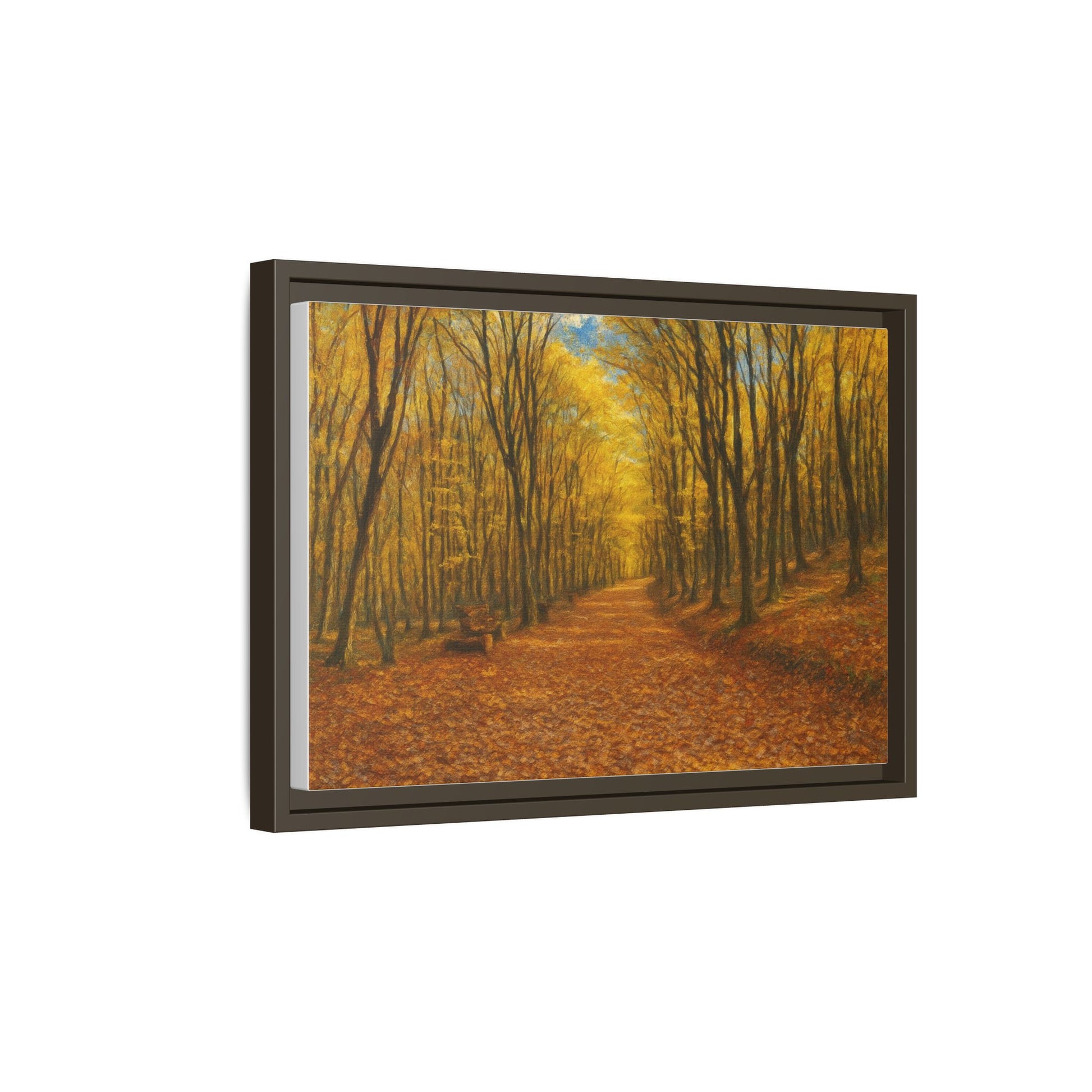 Autumn forest path matte canvas wall art by Printify featuring a scenic nature image with trees and fallen leaves.