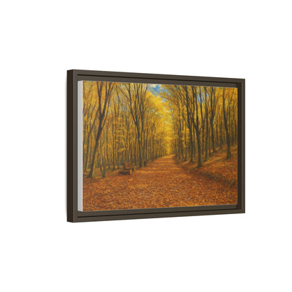 Autumn forest path matte canvas wall art by Printify featuring a scenic nature image with trees and fallen leaves.