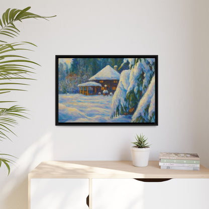 Framed matte canvas of a snowy cabin winter landscape wall art by Printify, featuring a serene snow-covered cabin scene.