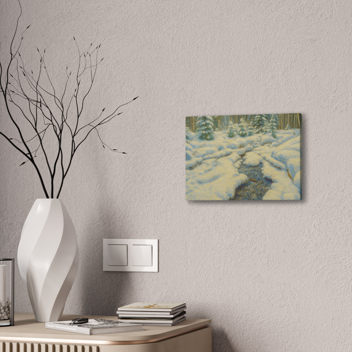 Snowy forest stream winter landscape canvas wall art by Printify, depicting a serene snow-covered forest scene with flowing stream.