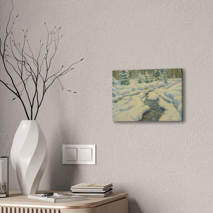 Snowy forest stream winter landscape canvas wall art by Printify, depicting a serene snow-covered forest scene with flowing stream.
