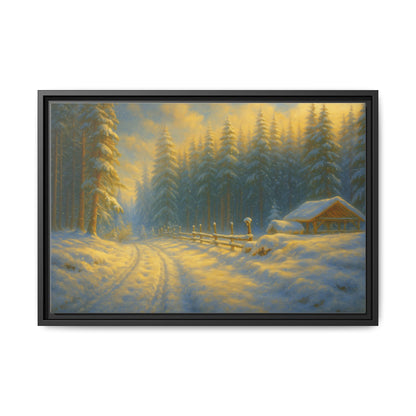 Framed winter cabin canvas print featuring a snowy forest sunset, wall art by Printify with vibrant winter landscape imagery.