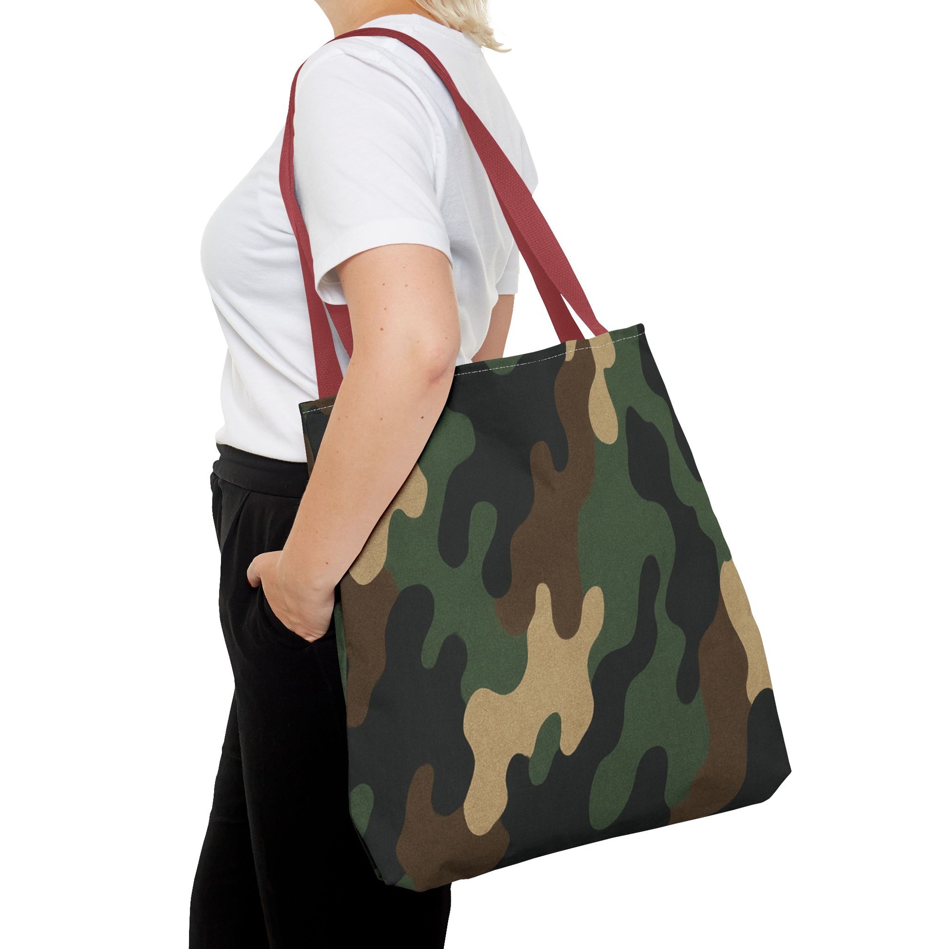 Camo pattern tote bag by Printify featuring all-over print canvas design, large carryall style for versatile use.