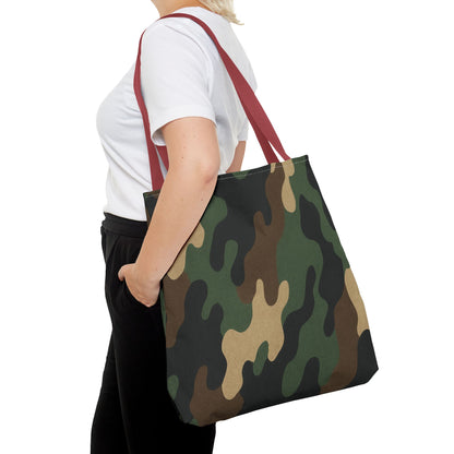 Camo pattern tote bag by Printify featuring all-over print canvas design, large carryall style for versatile use.