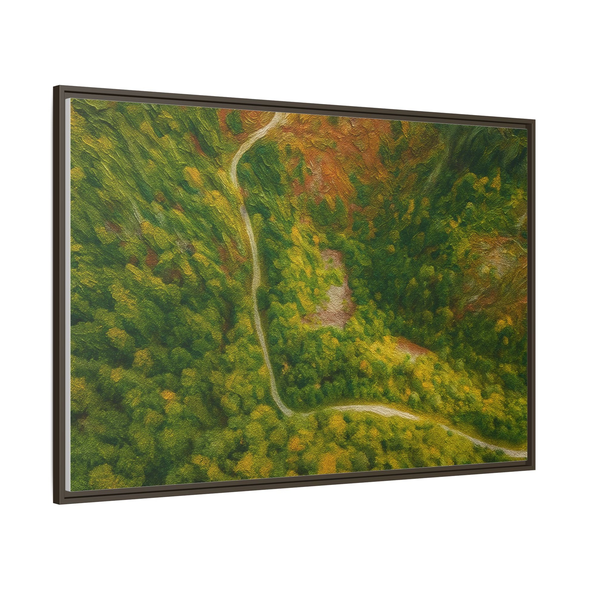 Colorful framed matte canvas wall art featuring an aerial view of a forest path landscape by Printify