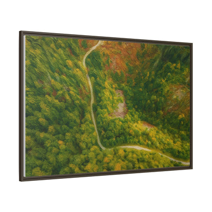 Colorful framed matte canvas wall art featuring an aerial view of a forest path landscape by Printify