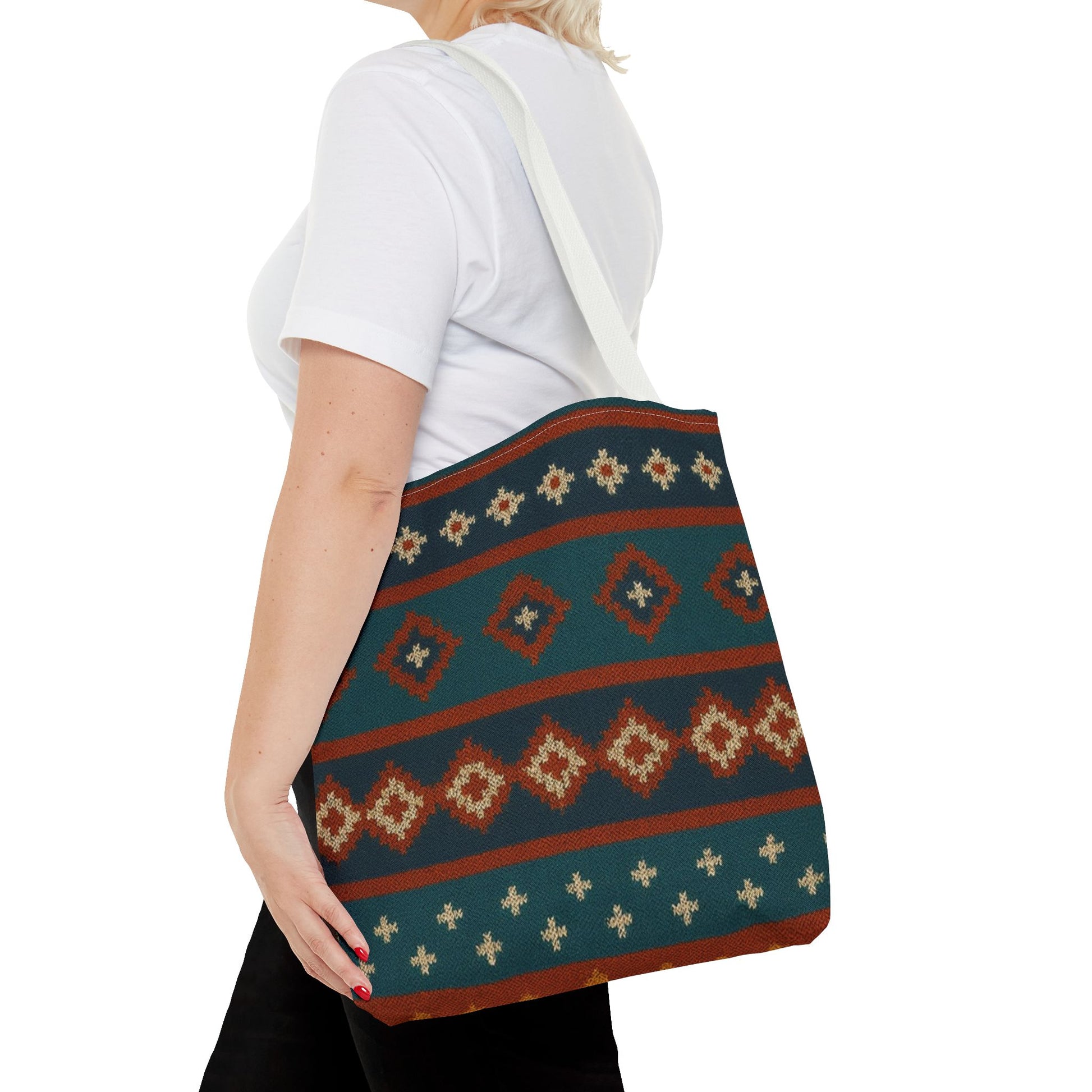 Southwestern diamond pattern tote bag with Aztec tribal geometric print, made by Printify, featuring vibrant design and sturdy handles.