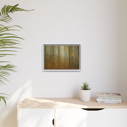 Framed matte canvas wall art of misty autumn forest with trees in warm tones, by Printify, suitable for home or office decor