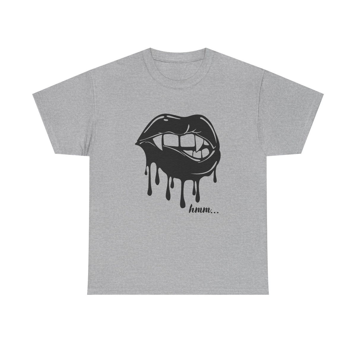 Black graphic T-shirt featuring dripping lips and 'hmm...' bite design from Printify, casual and bold streetwear style.