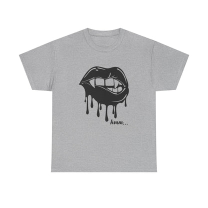 Black graphic T-shirt featuring dripping lips and 'hmm...' bite design from Printify, casual and bold streetwear style.