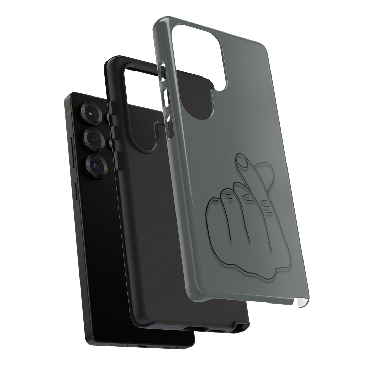 Silicone phone case with embossed Korean finger heart design, suitable for smartphones, by Printify.