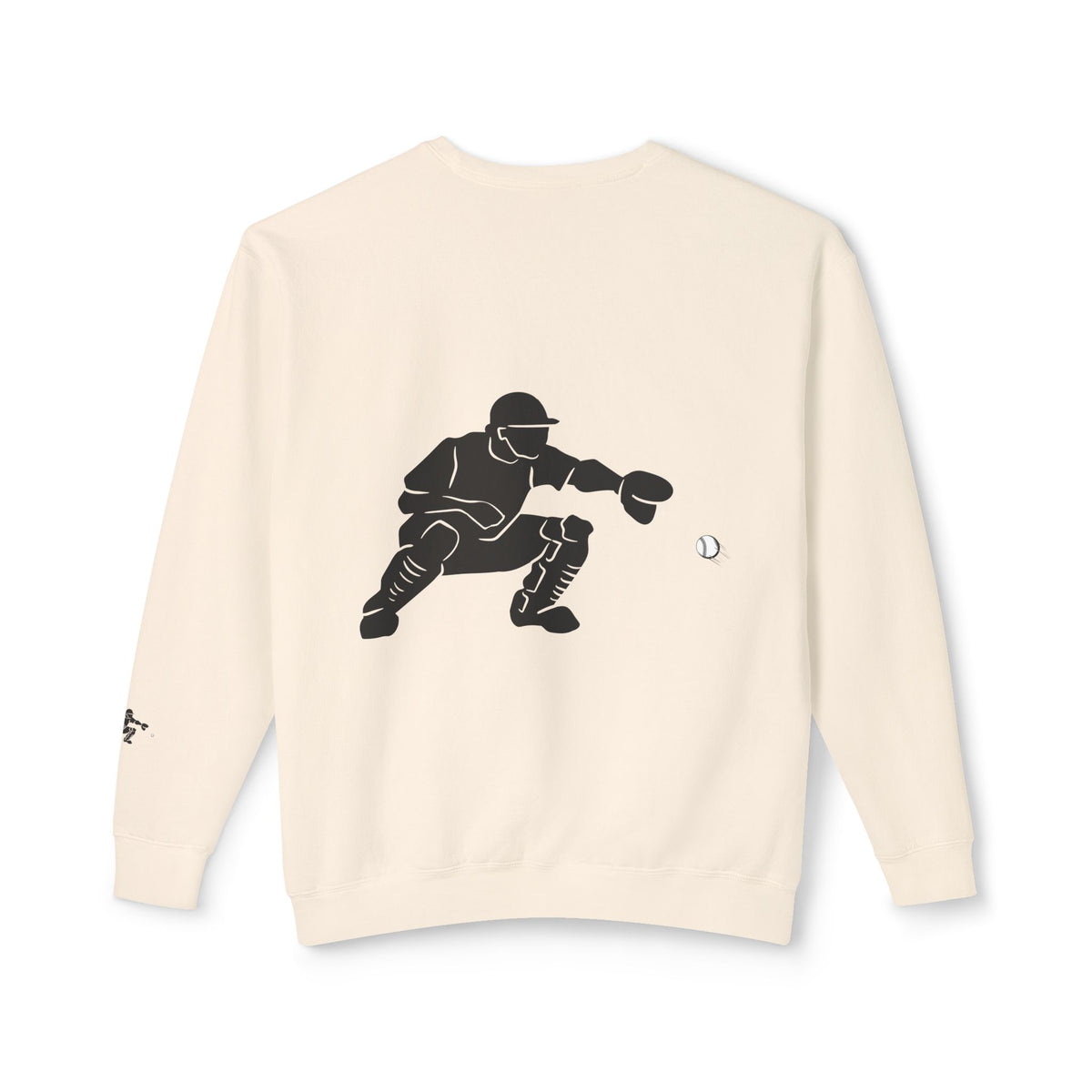 Gray Catcher Baseball crewneck sweatshirt by Printify with minimalist back graphic, soft fabric and comfortable fit.