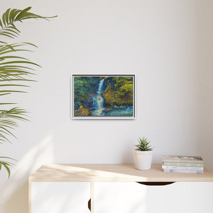 Framed matte canvas print of an impressionist waterfall wall art by Printify, featuring vibrant brushstrokes and a serene water scene.
