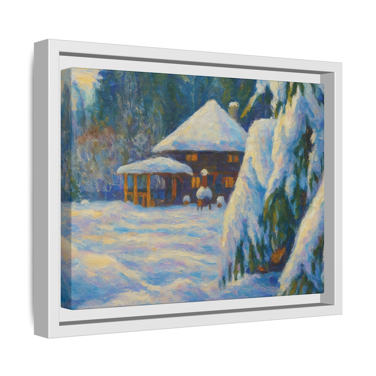 Framed matte canvas of a snowy cabin winter landscape wall art by Printify, showcasing a cozy cabin surrounded by snow-covered trees.