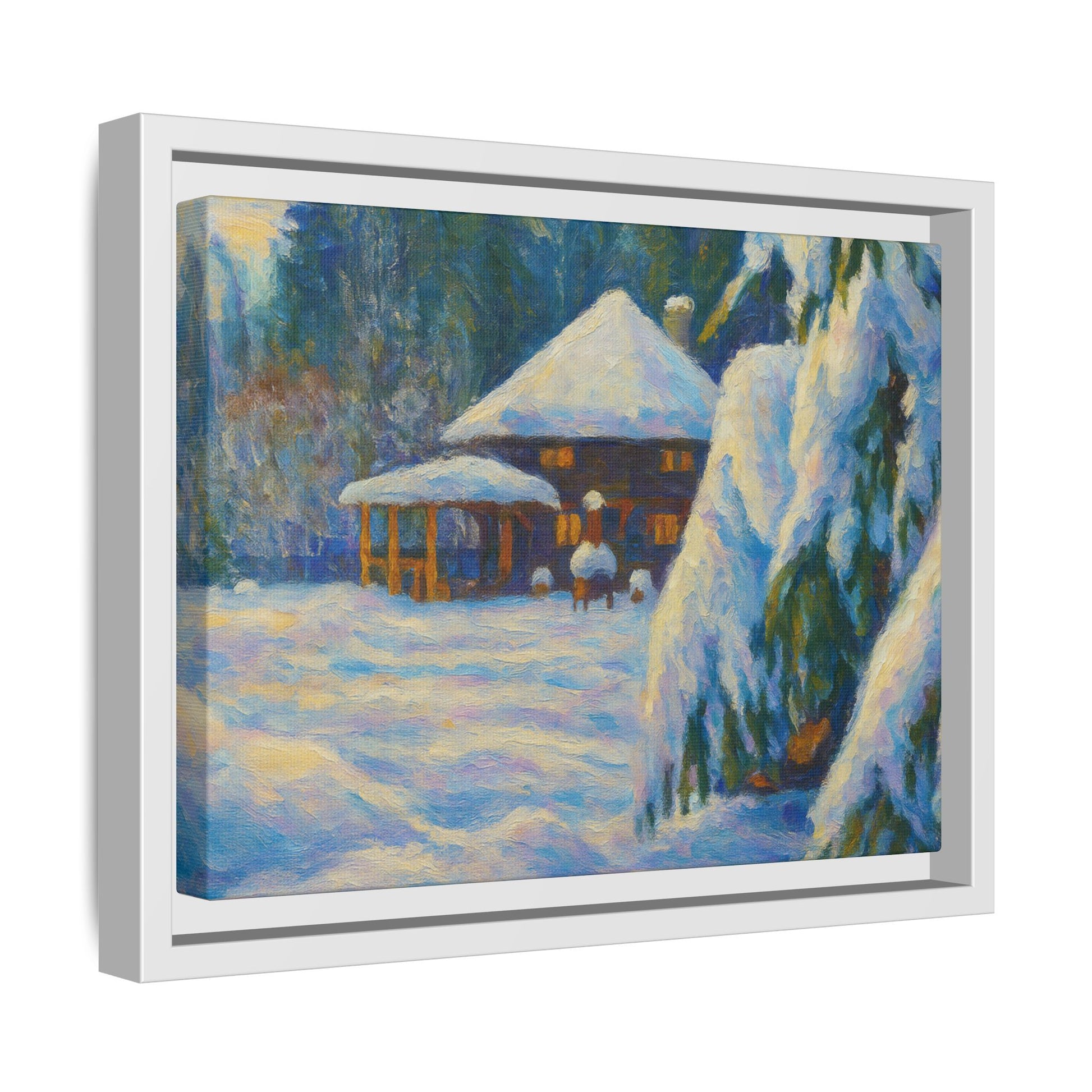 Framed matte canvas of a snowy cabin winter landscape wall art by Printify, showcasing a cozy cabin surrounded by snow-covered trees.