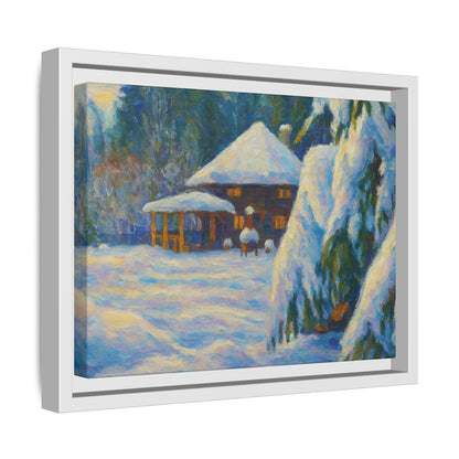 Framed matte canvas of a snowy cabin winter landscape wall art by Printify, showcasing a cozy cabin surrounded by snow-covered trees.