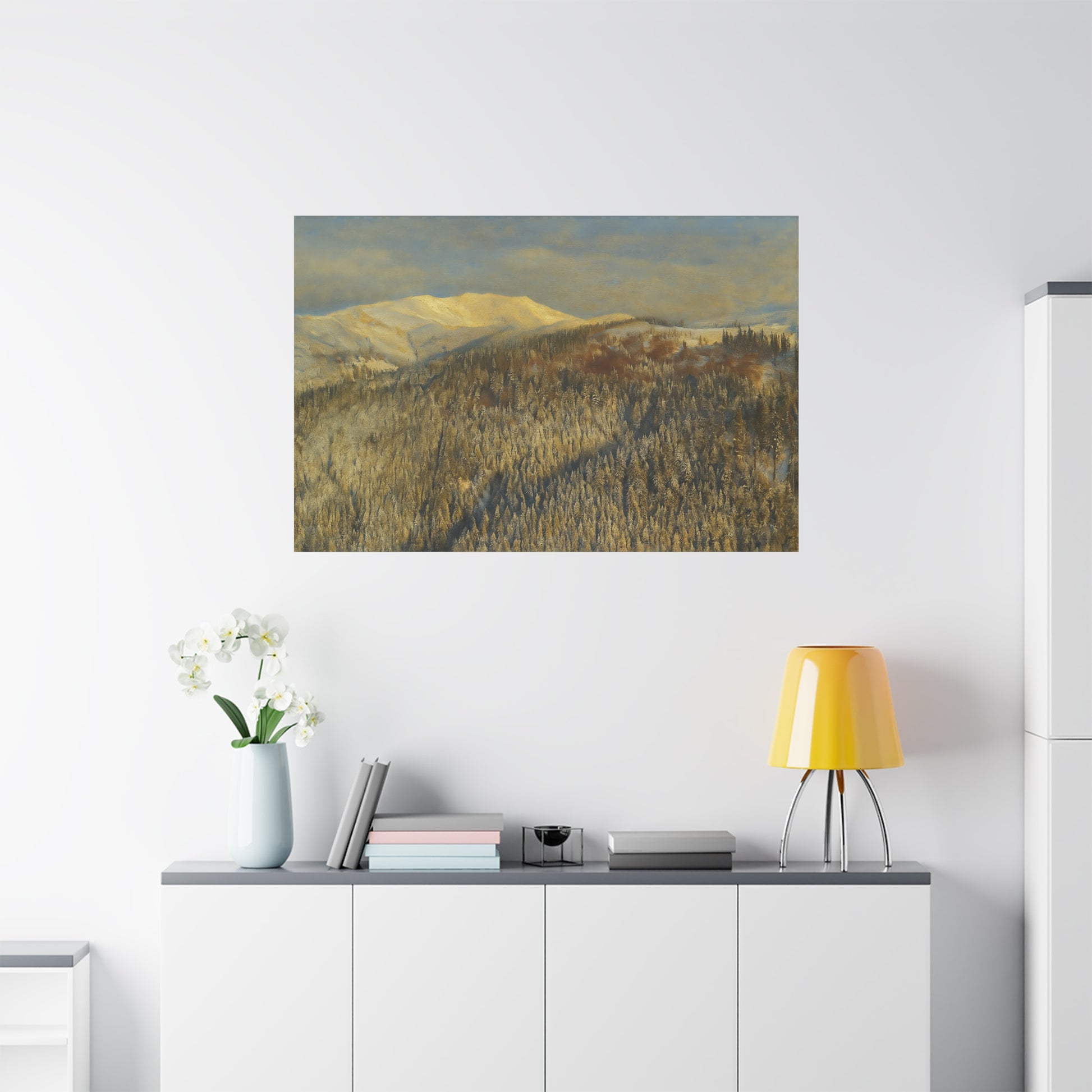 Winter mountain landscape matte canvas print by Printify, featuring a scenic mountain scene stretched on a 1.25-inch frame.