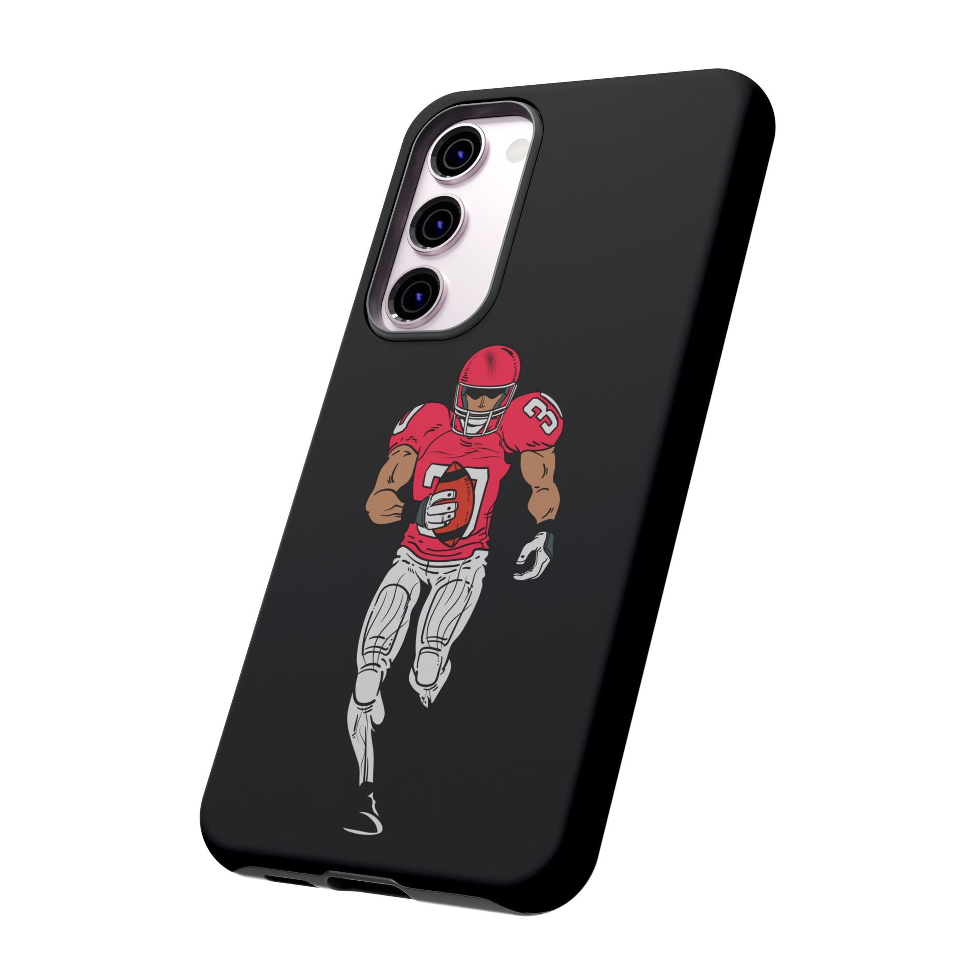 Black football player tough phone case for iPhone, protective sports-themed case with athletic design by Printify