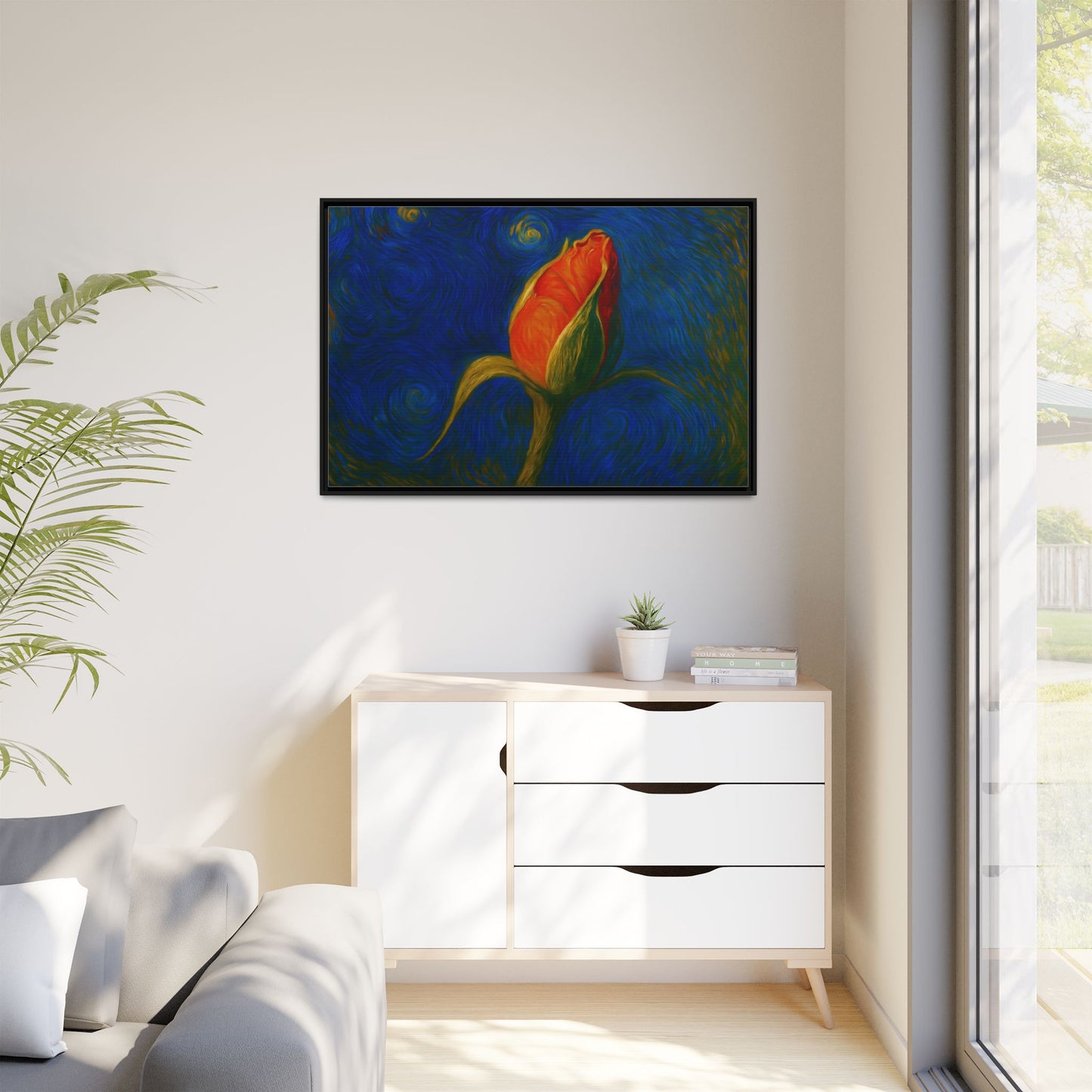 Red rose bud painting on canvas with matte finish, framed wall art by Printify, showcasing vibrant floral botanical decor.