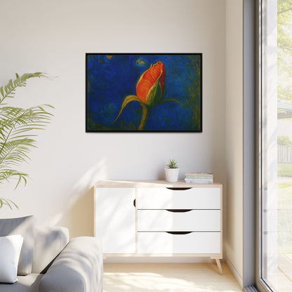 Red rose bud painting on canvas with matte finish, framed wall art by Printify, showcasing vibrant floral botanical decor.