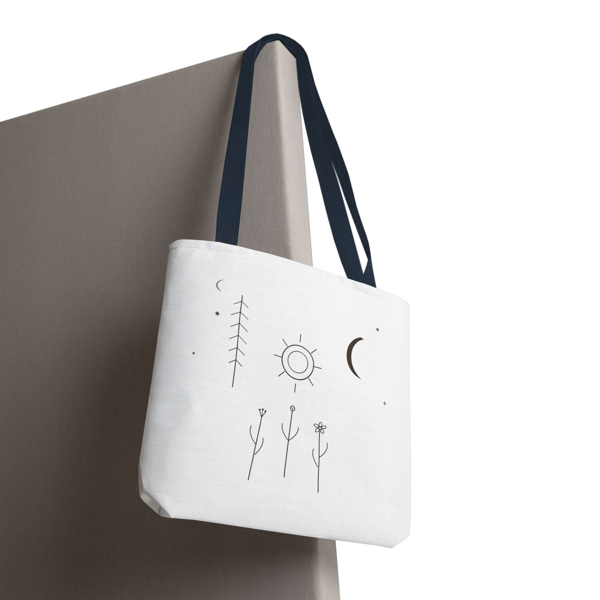 Minimal moon and sun botanical tote bag featuring celestial line art design, made by Printify.
