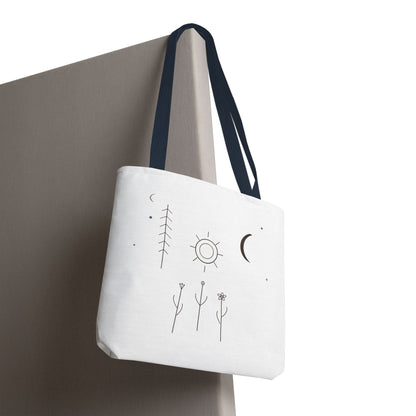 Minimal moon and sun botanical tote bag featuring celestial line art design, made by Printify.