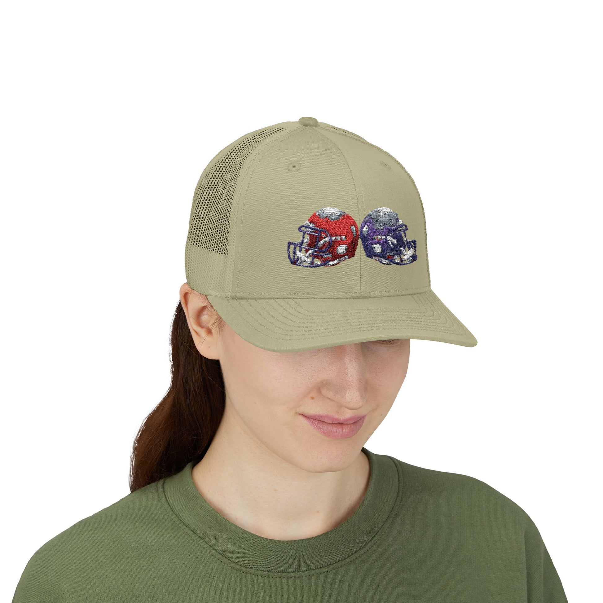 Sporty Snapback Trucker Cap with Football Helmets, Baseball Cap, Outdoor Activity Hat, Gift for Sports Fans, Team Spirit Wear - TRV
