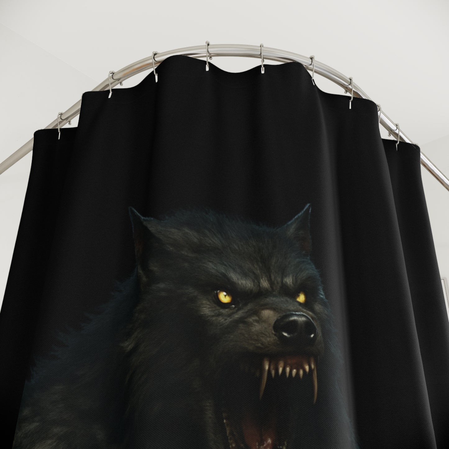 Gothic werewolf shower curtain with moonlit night scene, black and gray colors, ideal for dark-themed bathroom decor.