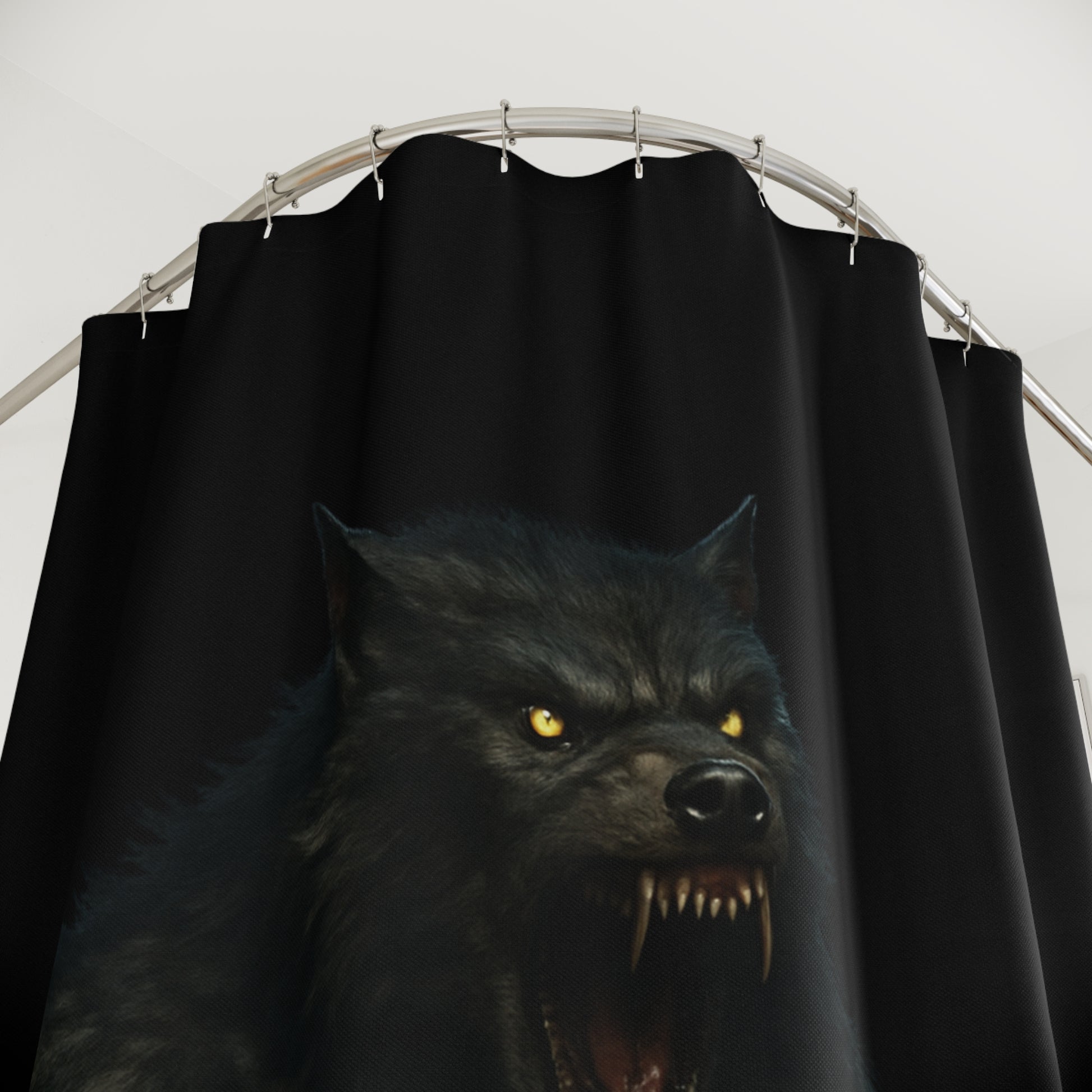Gothic werewolf shower curtain with moonlit night scene, black and gray colors, ideal for dark-themed bathroom decor.