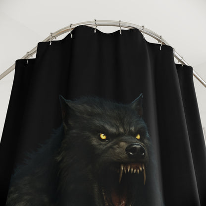 Gothic werewolf shower curtain with moonlit night scene, black and gray colors, ideal for dark-themed bathroom decor.