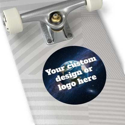 Custom Earth space design round vinyl sticker, eco-themed circular decal on paper with vibrant planetary artwork.
