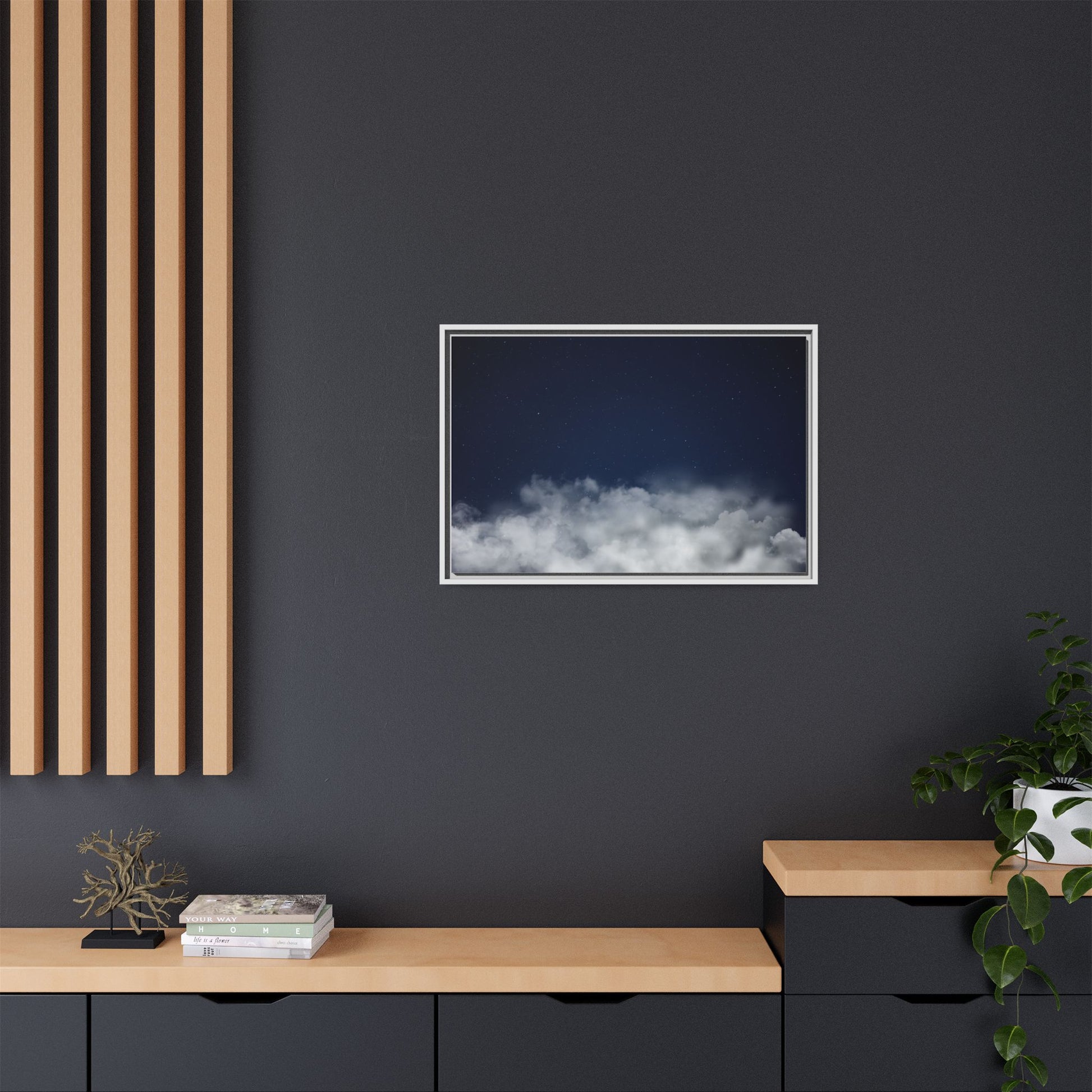 Framed night sky clouds canvas wall art featuring starry sky scene, printed by Printify, with a matte finish and decorative frame.