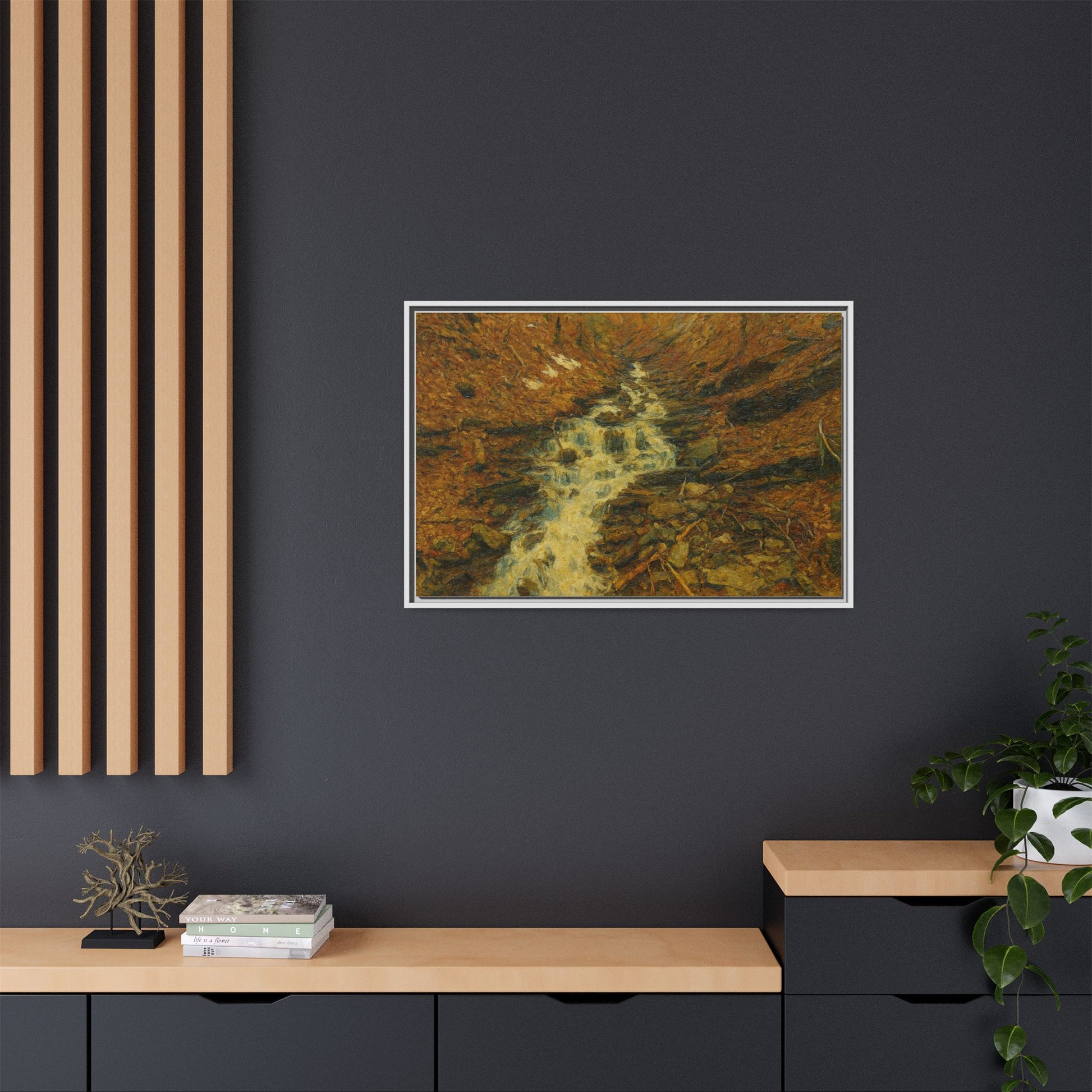 Framed matte canvas print of autumn stream landscape artwork by Printify, showcasing vibrant fall colors and natural scenery.