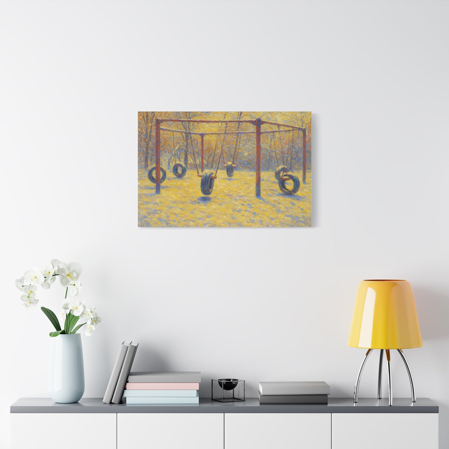 Matte stretched canvas wall art featuring a tire swing playground scene, designed by Printify for playful home decor.
