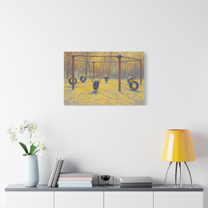 Matte stretched canvas wall art featuring a tire swing playground scene, designed by Printify for playful home decor.