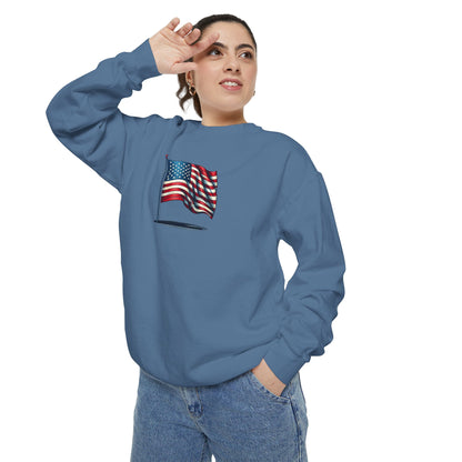 Patriotic Unisex Garment-Dyed Sweatshirt with Vintage American Flag, Cozy Fall Outfit, Statement Sweater, Gift for Veterans, Casual Fashion - TRV