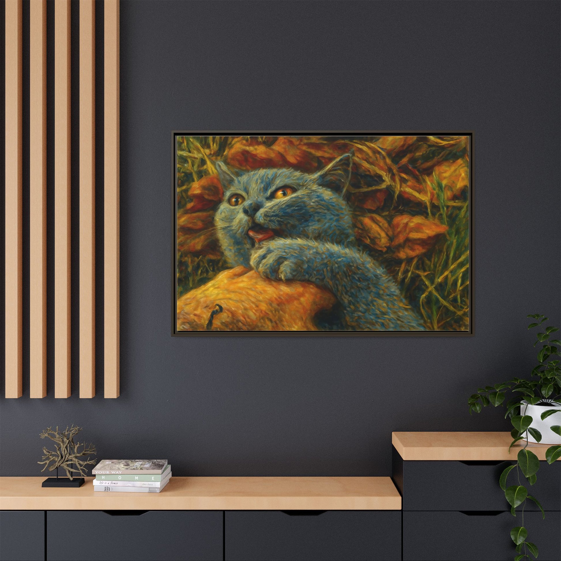 Blue cat canvas print featuring whimsical wall art for cat lovers, created by Printify, perfect for home decor.
