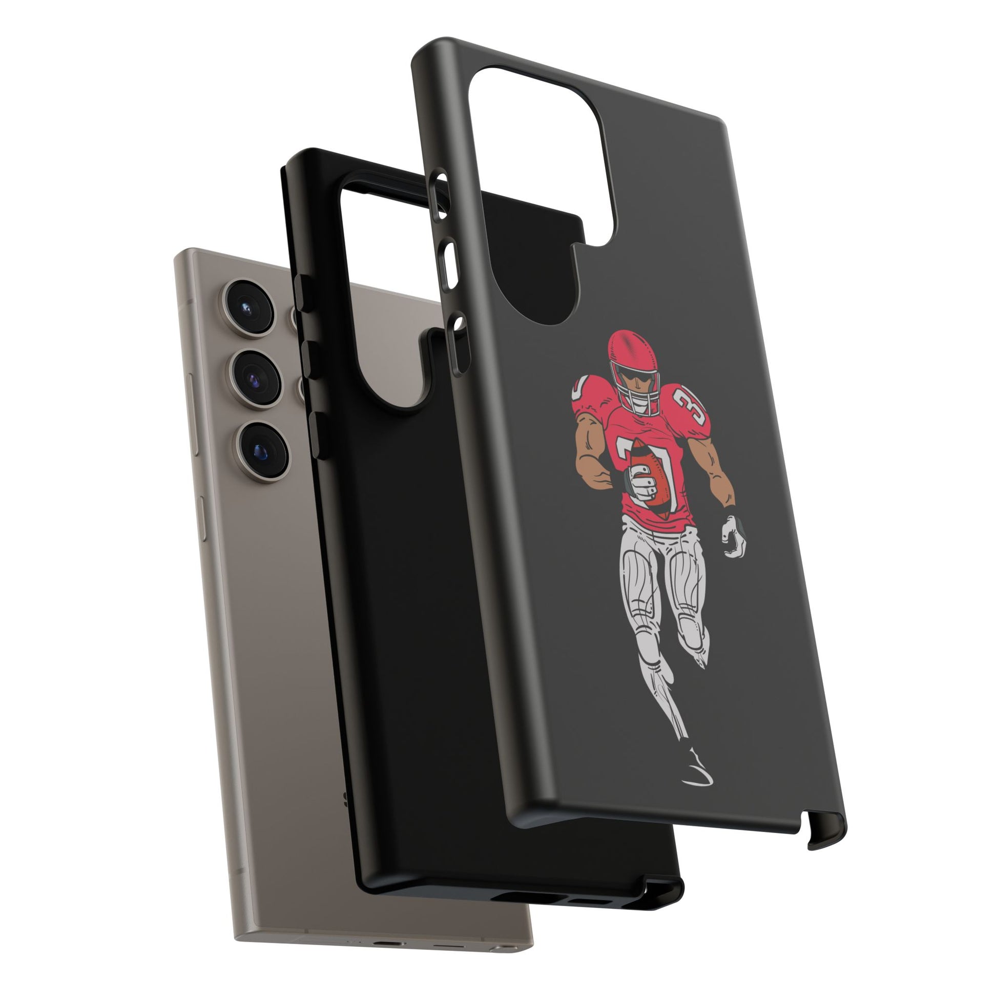 Black football player tough phone case for iPhone, protective sports-themed design by Printify with athletic imagery.