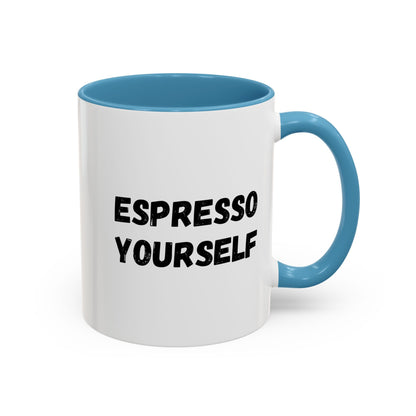 White ceramic espresso mug with "Espresso Yourself" humorous print, 11 oz capacity, perfect for coffee lovers.