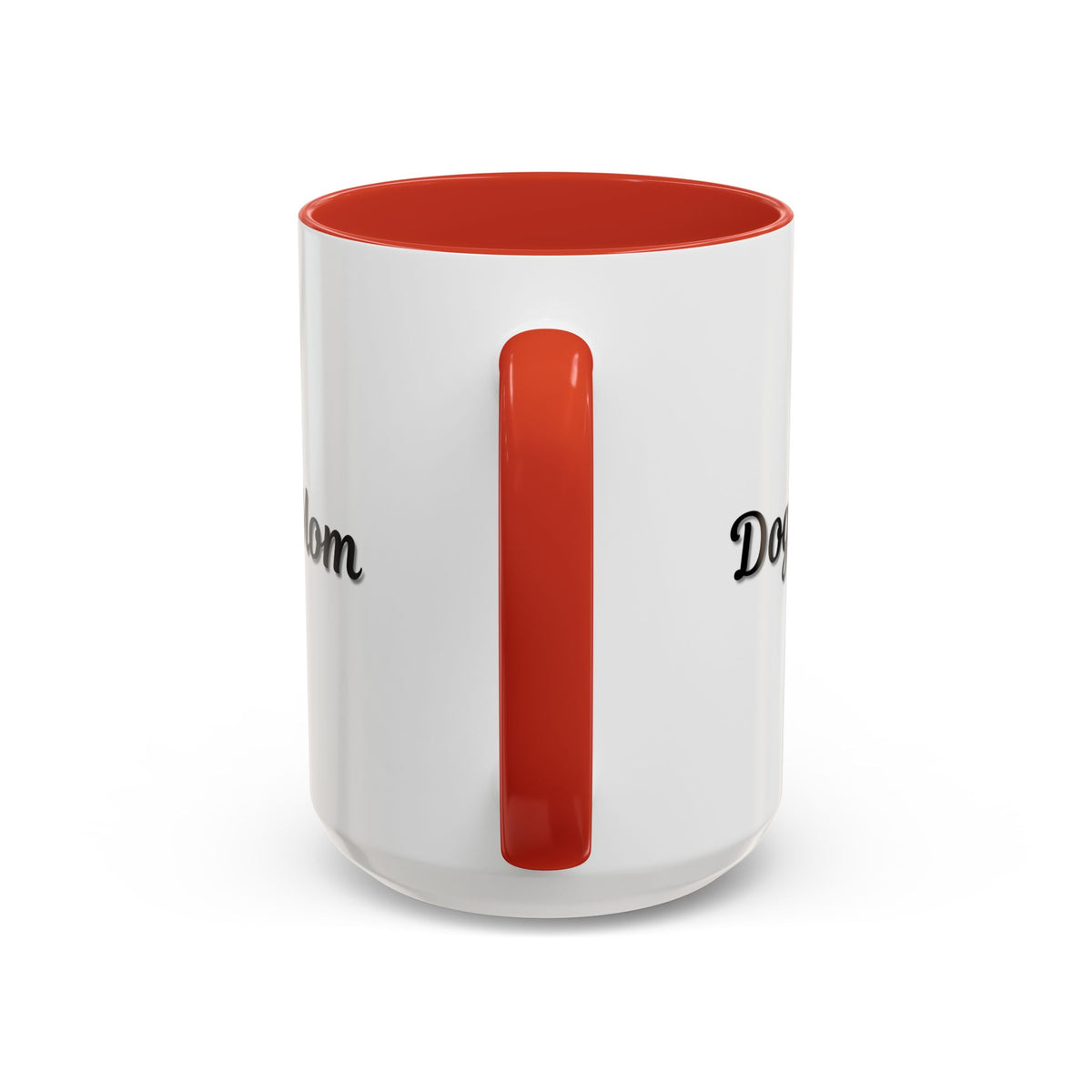 Dog Mom Accent Coffee Mug — white ceramic coffee mug with retro script "Dog Mom" print, colored interior and C-handle, 11oz/15oz, side profile view