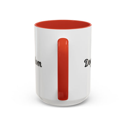 Dog Mom Accent Coffee Mug — white ceramic coffee mug with retro script "Dog Mom" print, colored interior and C-handle, 11oz/15oz, side profile view