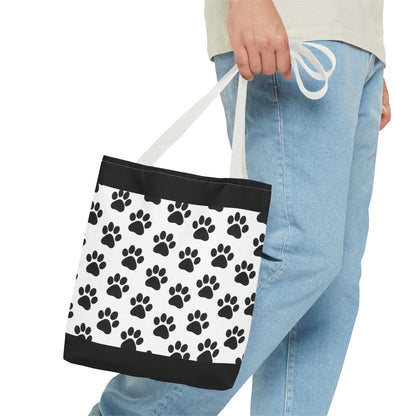 Eco-friendly Paw Print Tote Bag by Printify featuring black paw print design, perfect for dog and cat lovers.