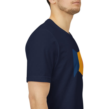 Romania flag T-shirt by Printify featuring a minimal waving tricolor design on a casual cotton tee.